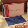 A stack of leather document organizer bags in various colors, including red, pink, and gray, next to an A4 file bag.