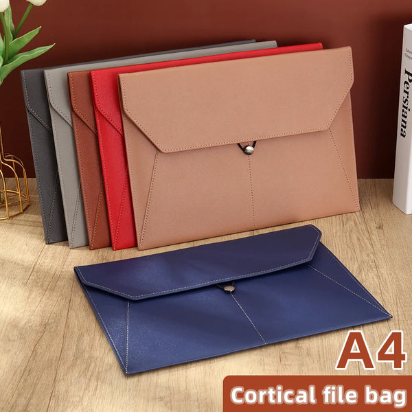 A stack of leather document organizer bags in various colors, including red, pink, and gray, next to an A4 file bag.