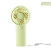 A light green portable rechargeable mini handheld fan with a protective grille and cord.