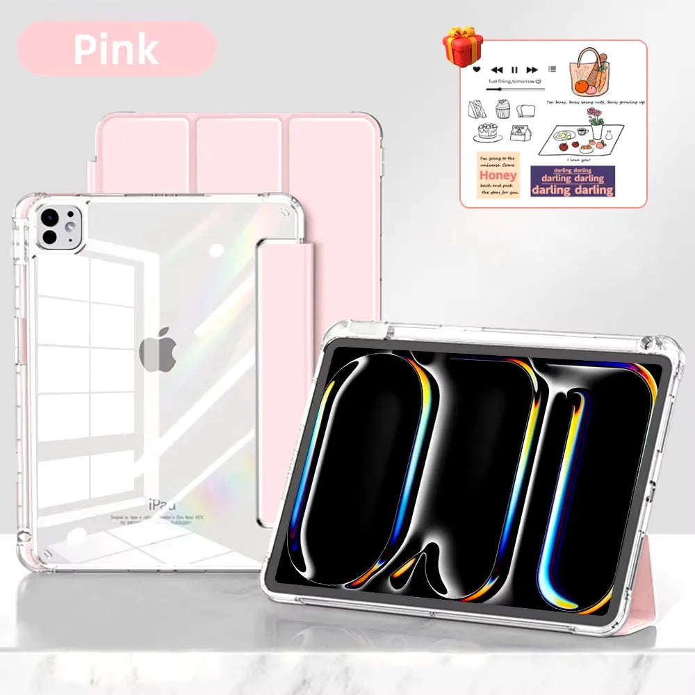 Pinkes Dreifach-Standscover für ein iPad, das eine transparente Hülle und eine schwarze Silikonhülle zeigt.