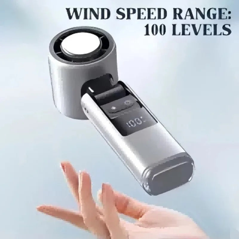 A hand is holding a mini USB powered cold fan with a digital display showing 100 levels.
