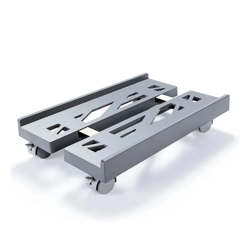 A silver adjustable PC tower stand featuring slots and caster wheels for easy movement.