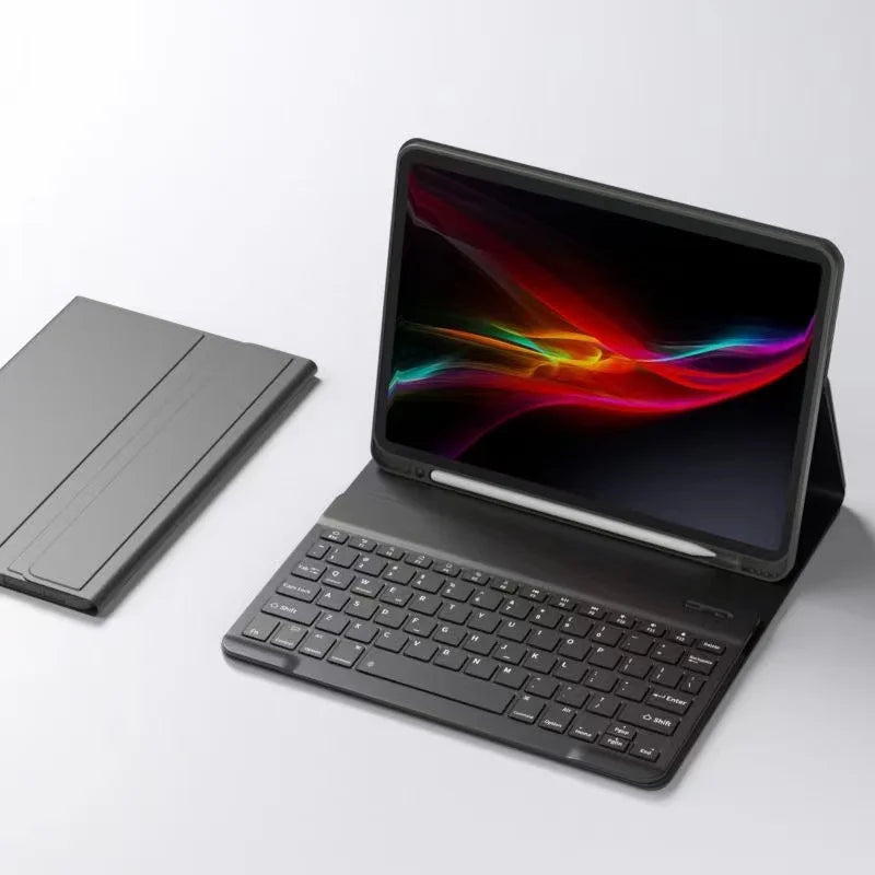 A black detachable wireless keyboard folio case for an iPad, showing the tablet and keyboard together.