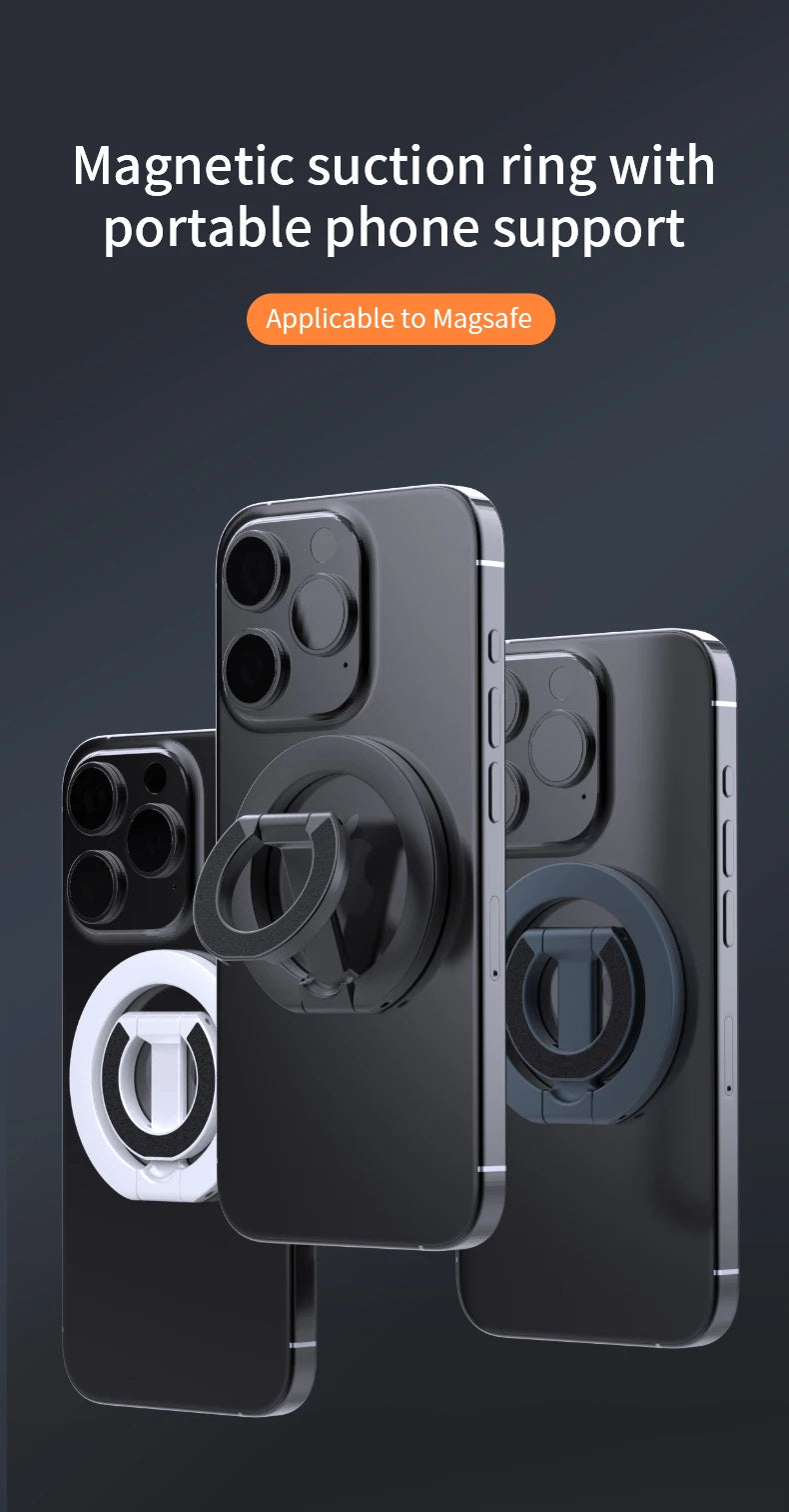 A magnetic suction ring with a portable phone support accessory shown on several smartphones.