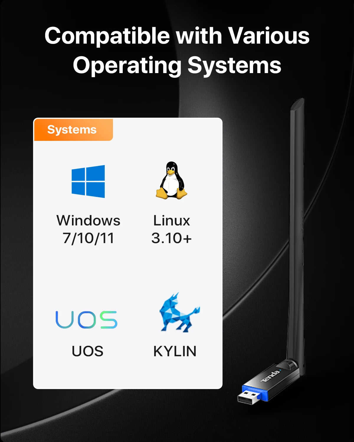 A black USB Wi-Fi adapter is shown with compatibility icons for Windows, Linux, UOS, and Kylin operating systems.