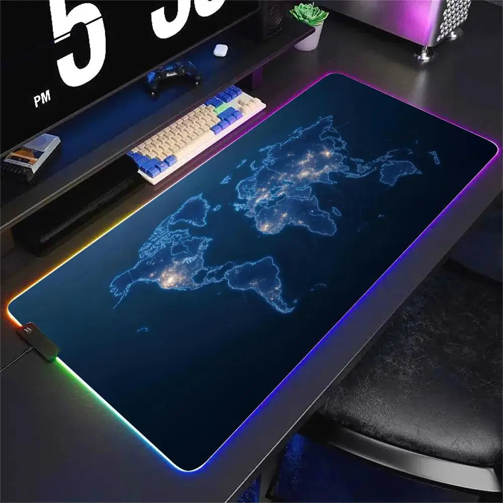 An RGB backlit gaming mouse pad featuring a glowing map design of the world on a dark surface.