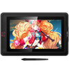 A digital drawing tablet with a black screen protector and a stylus lying in front of it.