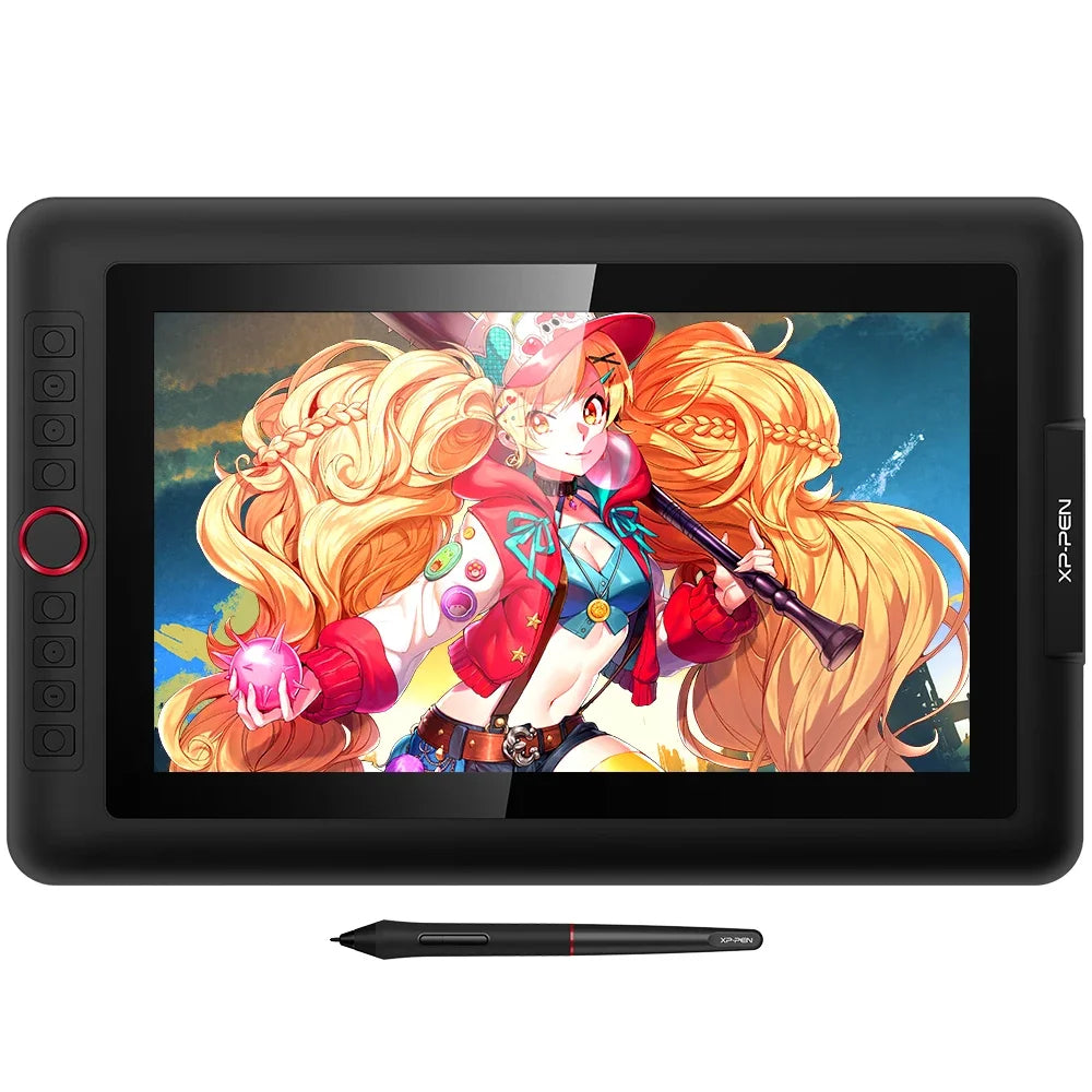 A digital drawing tablet with a black screen protector and a stylus lying in front of it.