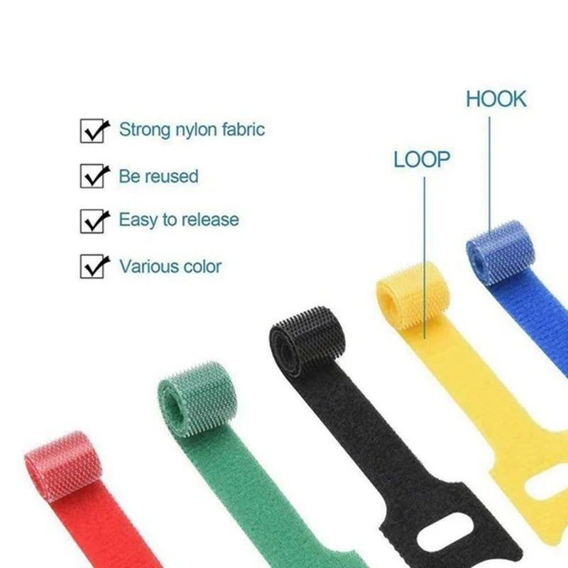 Various colored reusable nylon loop ties used for organizing cables and cords.