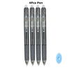 A set of four black retractable gel pens with silver accents and a light blue cap.