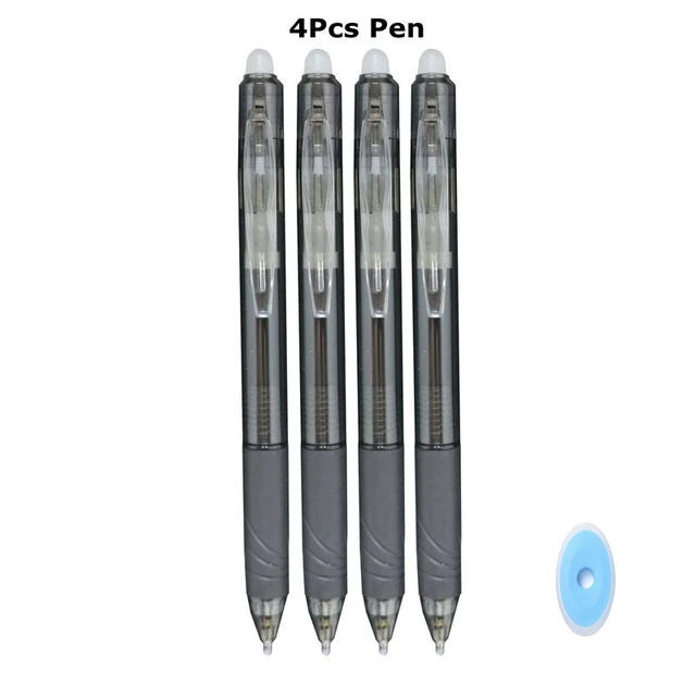 A set of four black retractable gel pens with silver accents and a light blue cap.