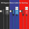 Three 90 degree elbow lightning cables for gaming featuring black blue and red connectors