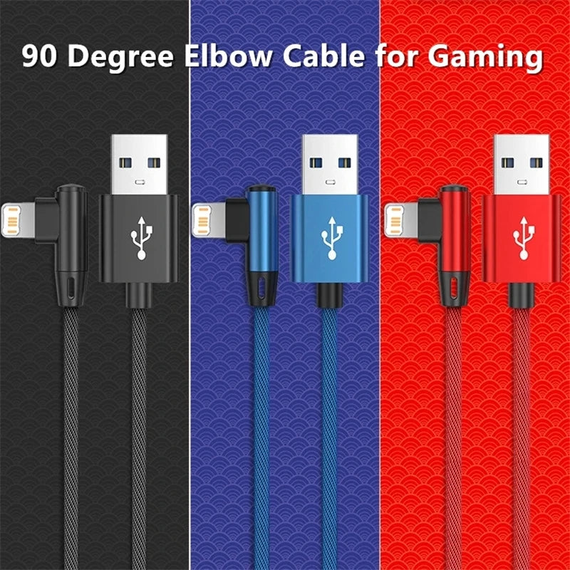 Three 90 degree elbow lightning cables for gaming featuring black blue and red connectors