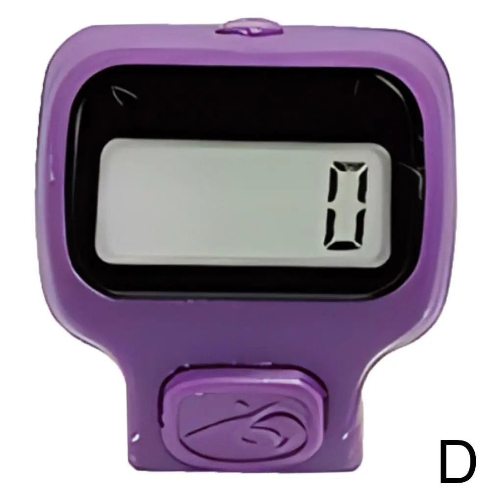 A purple thumb tally counter device with a digital display and a button.