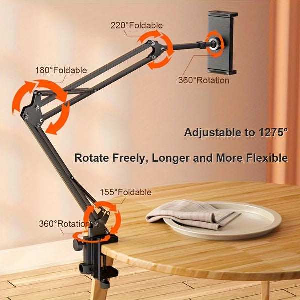 A black adjustable tablet holder with a foldable long arm demonstrating 220° and 180° folding capabilities.