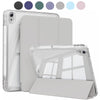 A clear protective case for an Apple iPad showing various color options and a folded display.
