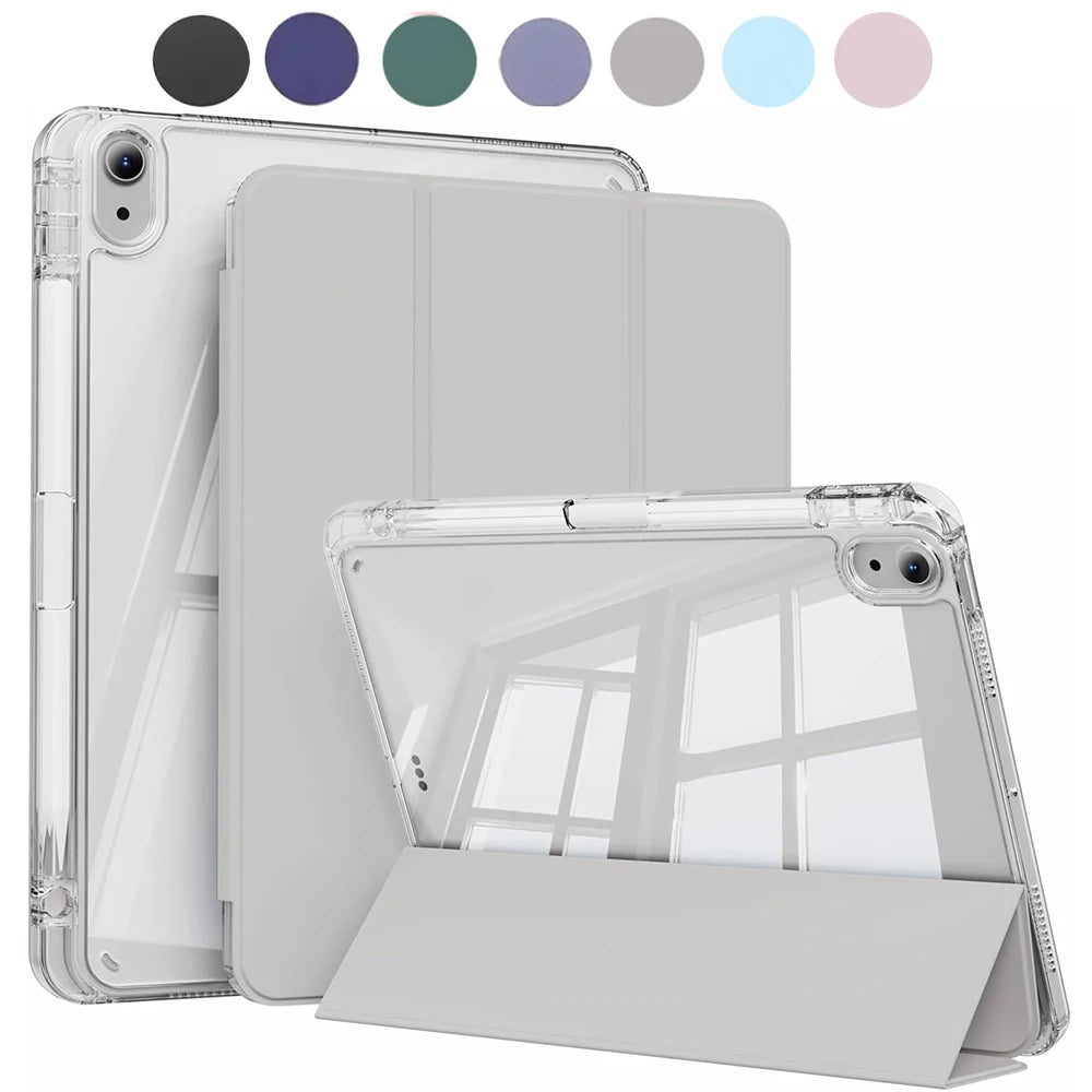 A clear protective case for an Apple iPad showing various color options and a folded display.
