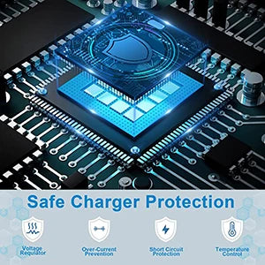 Close-up of a blue electronic circuit board showing various protection features like voltage regulation and short circuit pre