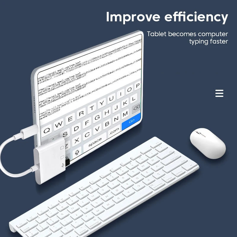 A white tablet and a separate white keyboard are shown with a USB-C adapter connecting them, demonstrating an efficiency tool