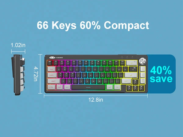 A compact 68-key RGB backlit wired keyboard shown with dimensions and a separate keycap.