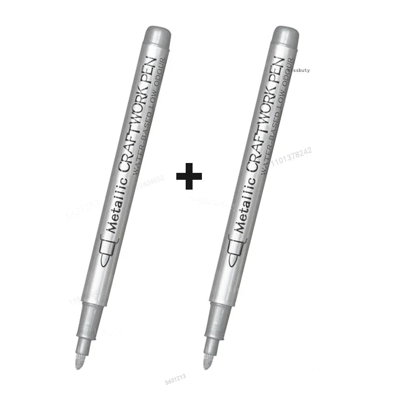 Two metallic craft work pens are shown side by side with a plus sign between them.