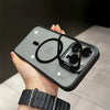 A hand holds a black magnetic shockproof phone case for an iPhone, displaying a camera module.