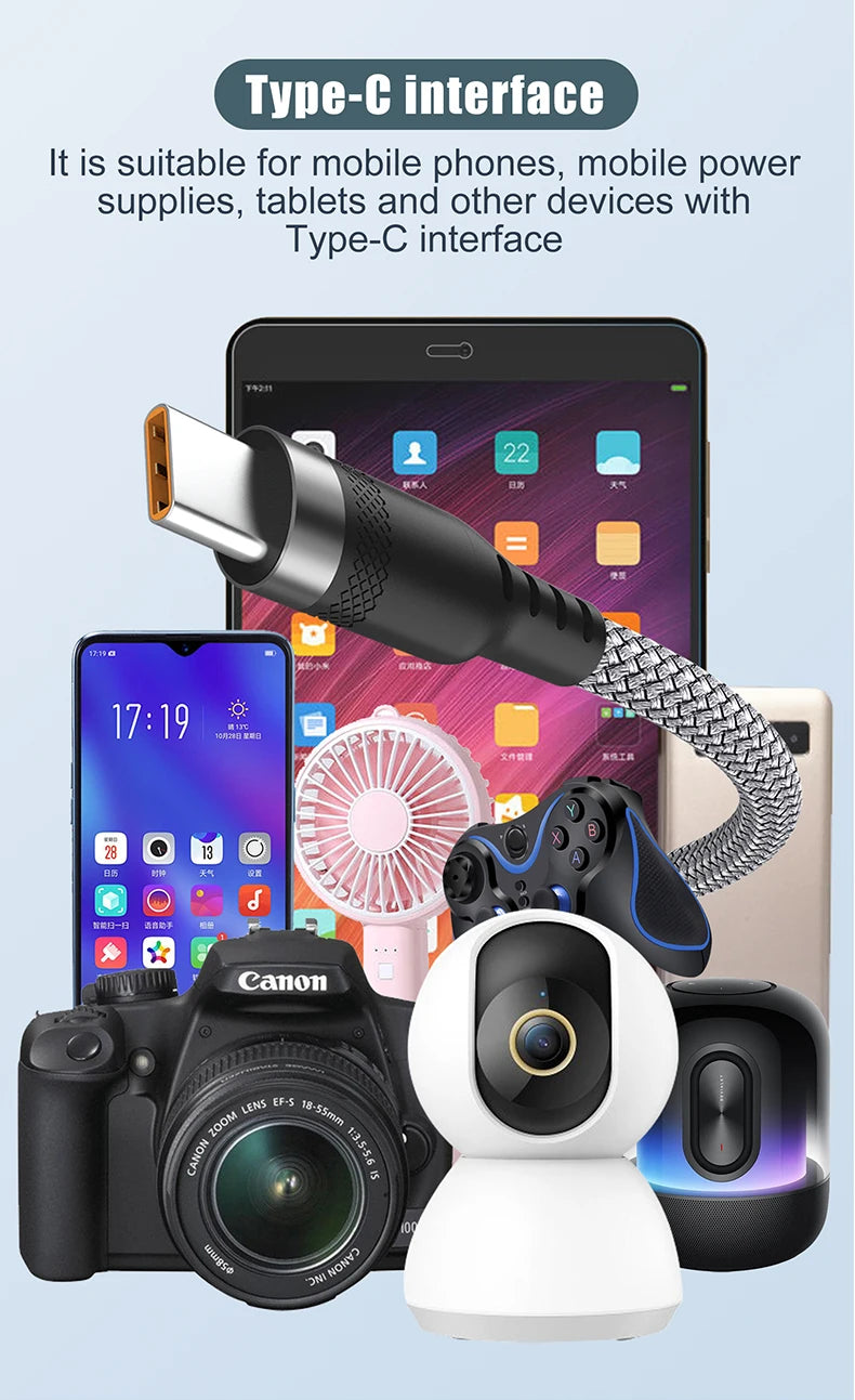 A Type-C interface cable is shown connected to various electronic devices including a smartphone, camera, and other gadgets.