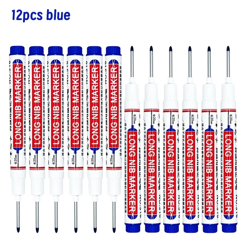 Twelve blue long nib marker pens for deep hole marking on metal and wood.