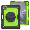 A heavy duty rugged green iPad case with a rotating kickstand and shoulder strap shown next to the open tablet.