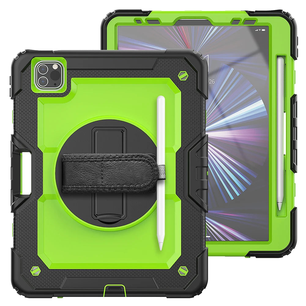A heavy duty rugged green iPad case with a rotating kickstand and shoulder strap shown next to the open tablet.