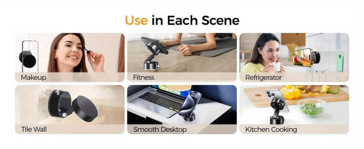 A collection of magnetic phone holders used in various scenes including makeup, fitness, tile wall, smooth desktop, and kitch