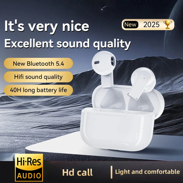 White wireless earbuds in a charging case are shown against a dark background with text highlighting features like Bluetooth 