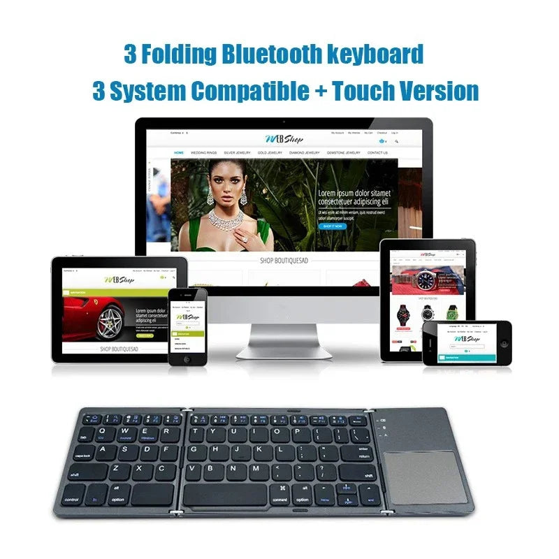 A folding Bluetooth keyboard with a touchpad is shown alongside a laptop and tablet devices.