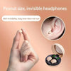 A hand holds a small wireless earbud, demonstrating its mini invisibility and comfort for long wear.