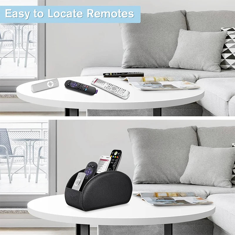 A black PU leather remote control holder with five compartments resting on a white table.
