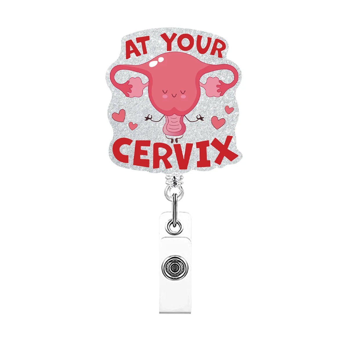 A glitter acrylic badge reel featuring a pink cervix design with hearts.