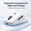 Weiße ergonomische asymmetrische Gaming-Maus in rechter Hand auf glänzender Oberfläche.