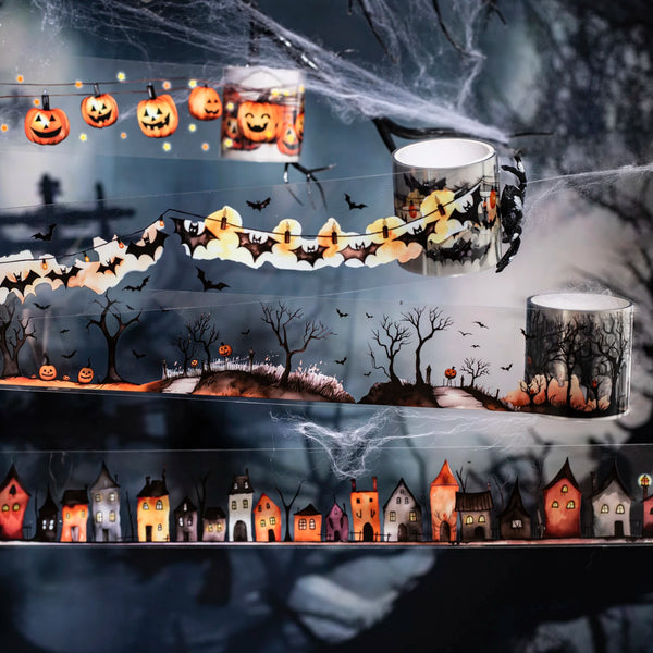 Vintage gothic Halloween masking tape featuring carved pumpkins and spooky bats used for crafting