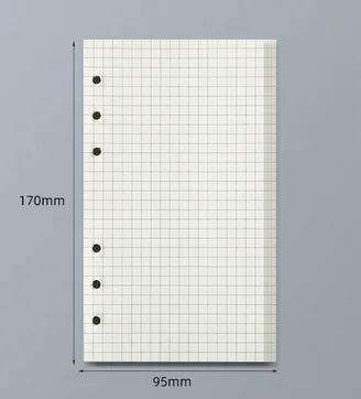 Hoja vertical de papel rayado con encuadernación espiral y bordes perforados, mide 170mm x 95mm.