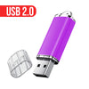 A purple metal USB 2.0 flash drive with a silver connector and protective cap.