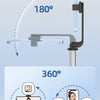 A 4-in-1 extendable phone tripod with an LED ring light and mirror shown in various angles.