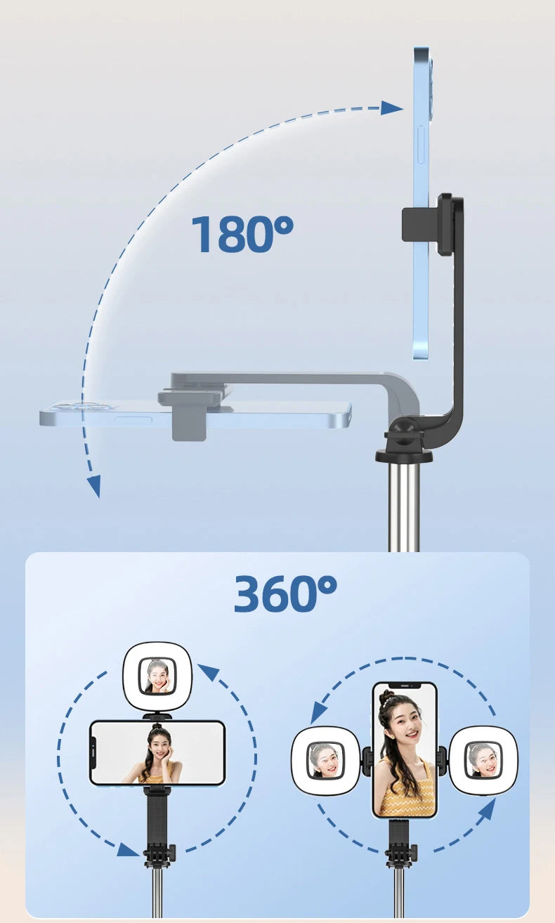 A 4-in-1 extendable phone tripod with an LED ring light and mirror shown in various angles.