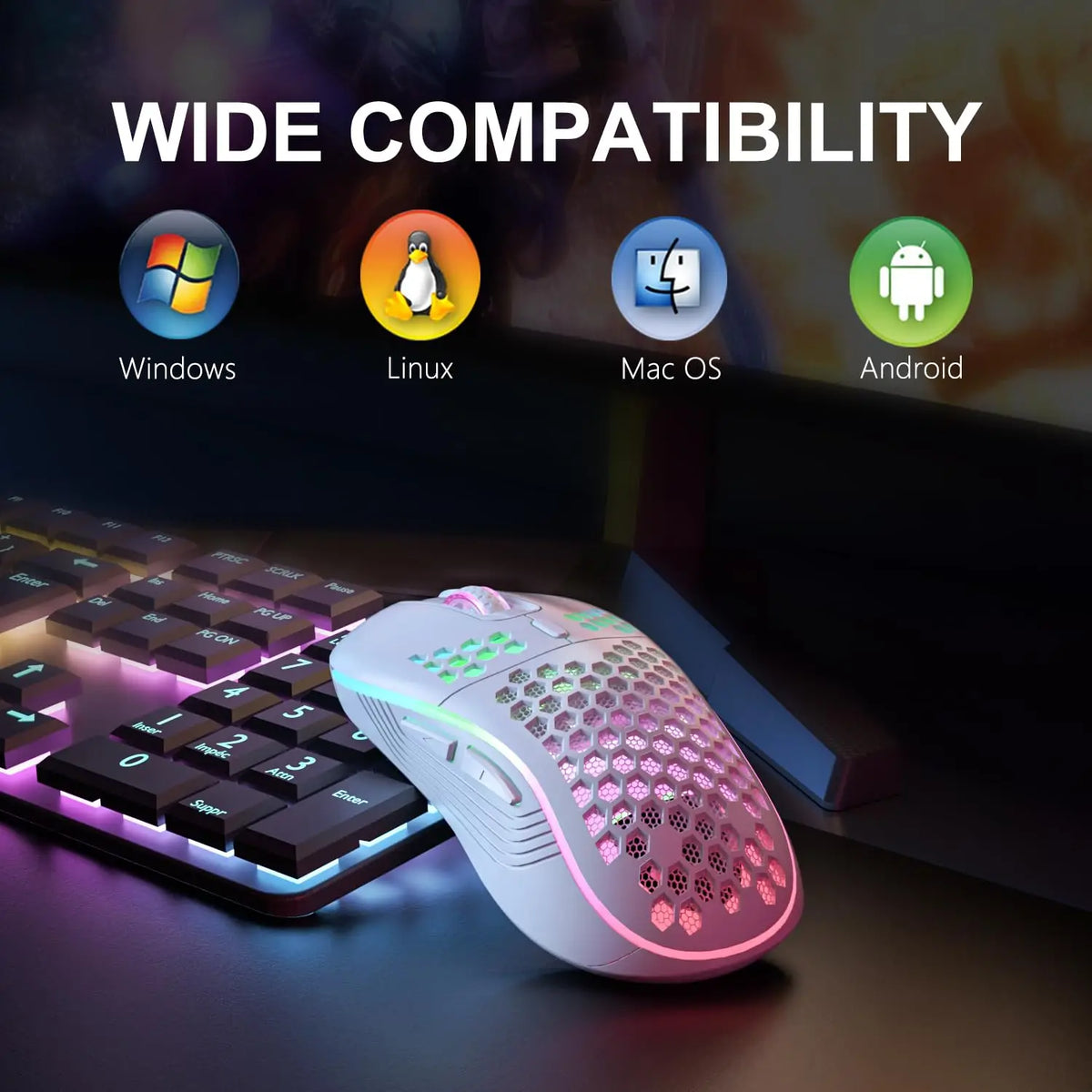 A white gaming mouse with pink RGB lighting is shown next to a keyboard on a dark surface, highlighting wide compatibility.
