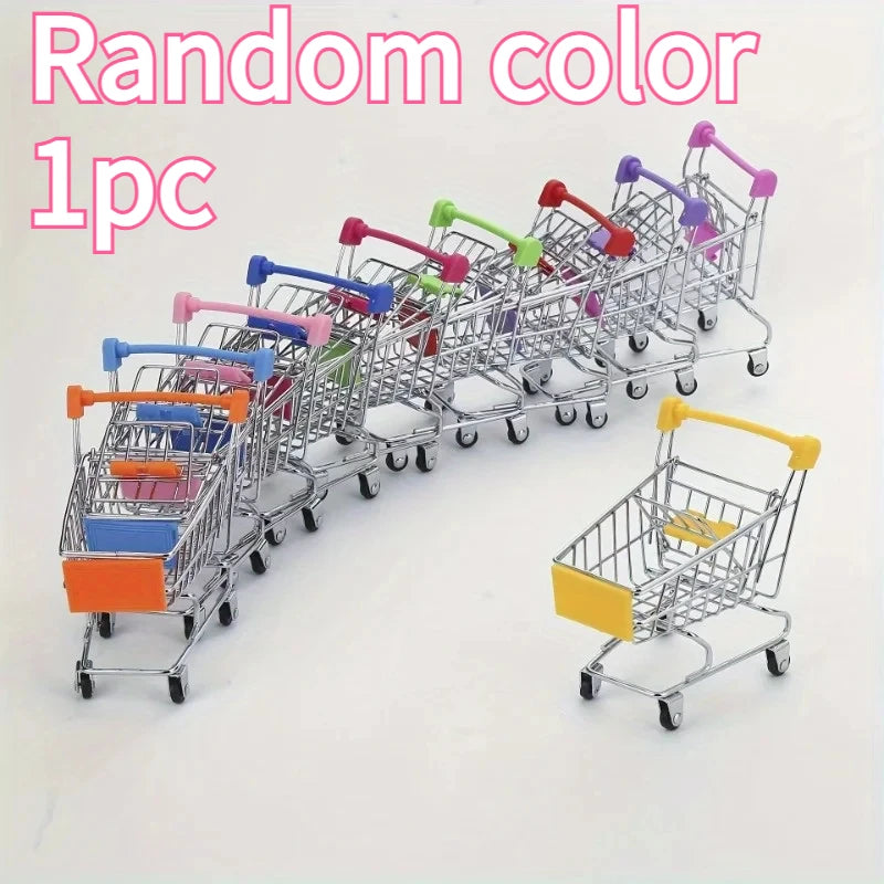 A row of metal shopping carts with various colored handles and baskets, used as a random color desktop organizer.