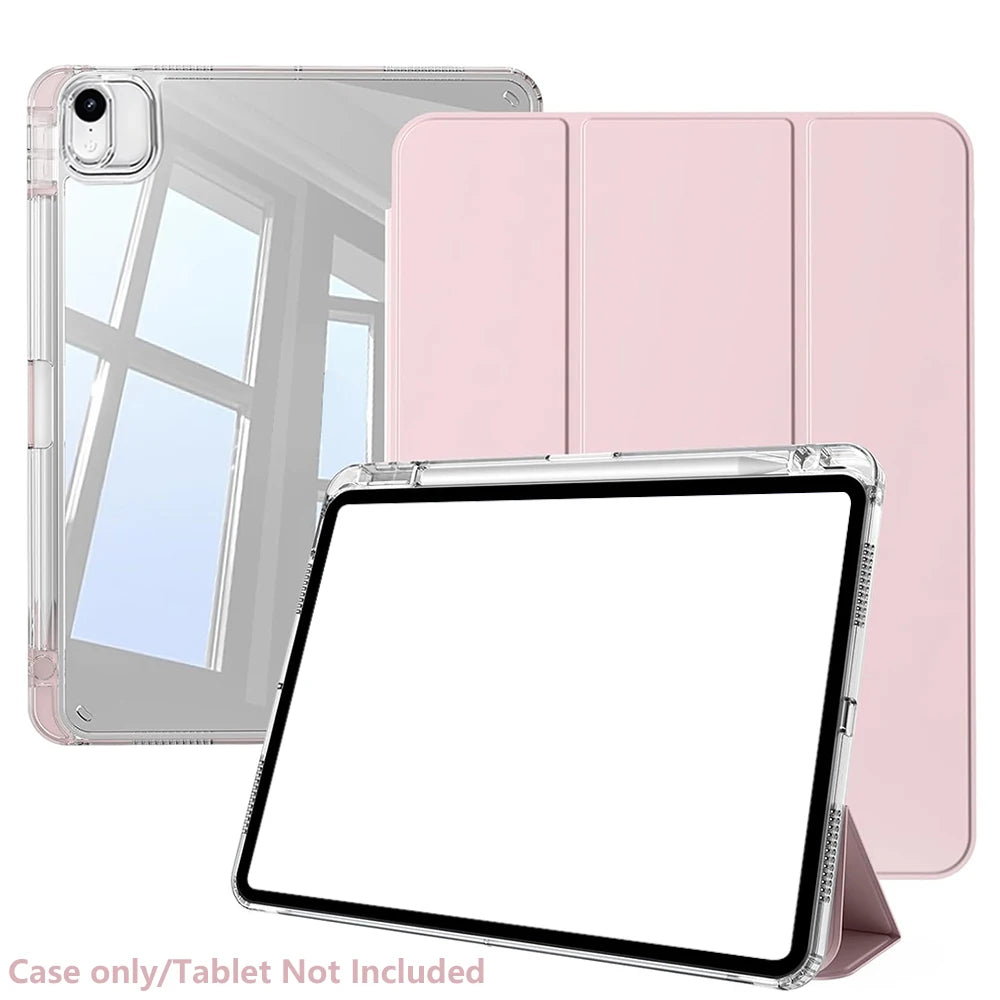 A clear protective case for an iPad Air shown alongside several pink colored protective covers.