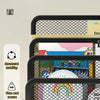 A black metal mesh desk file organizer with rounded corners is shown in a close-up view.
