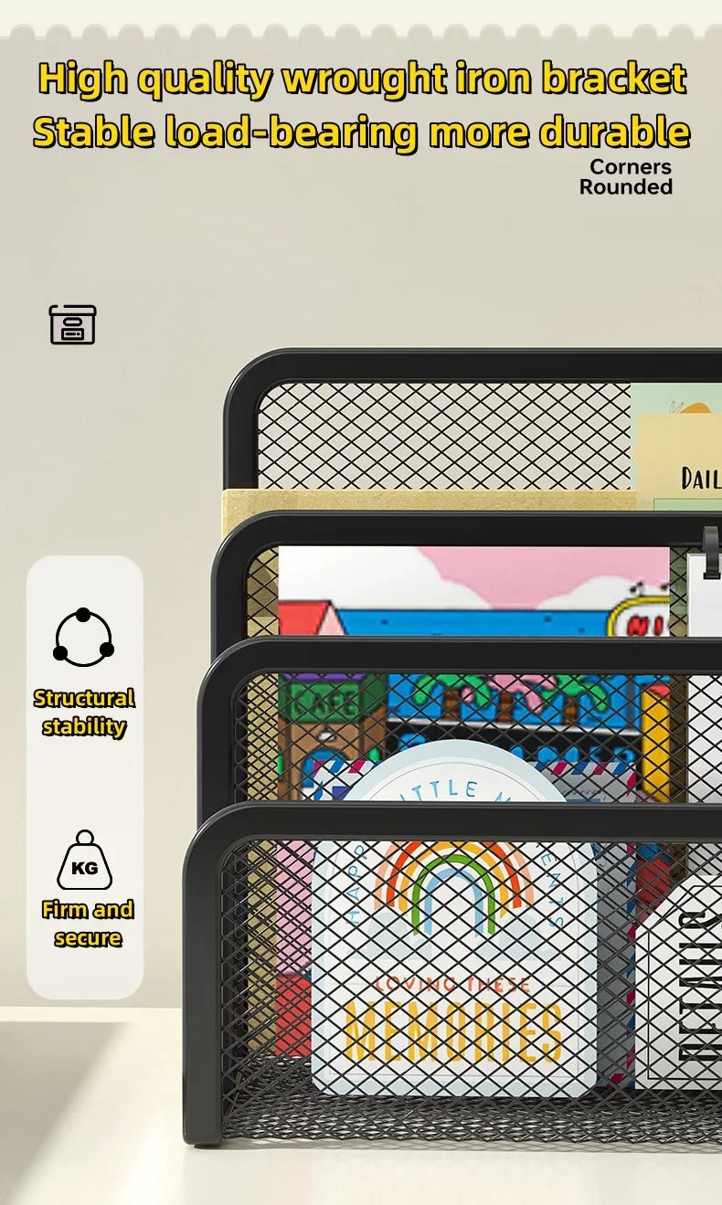 A black metal mesh desk file organizer with rounded corners is shown in a close-up view.