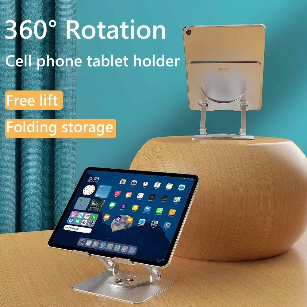 A beige cell phone tablet holder with a foldable design is shown on a wooden surface.