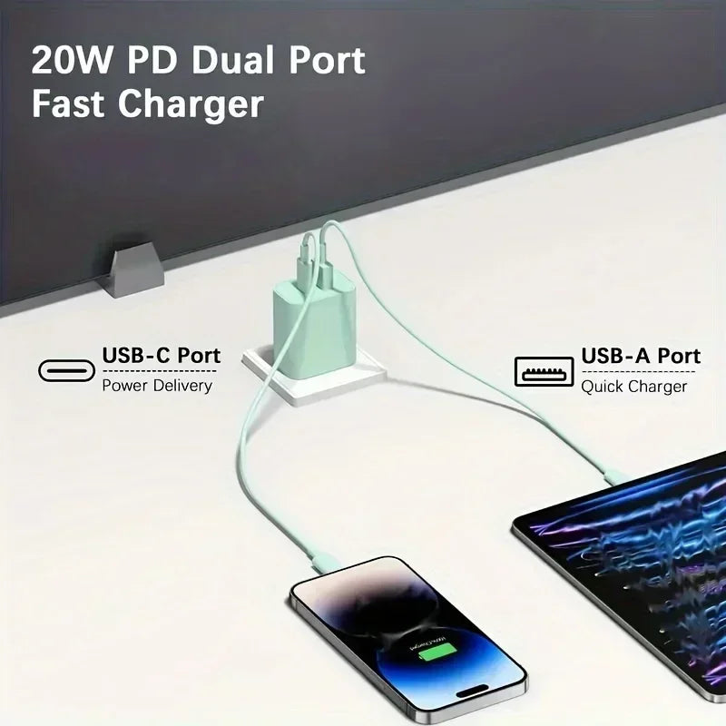A 20W PD Dual Port Fast Charger is shown charging a smartphone via USB-C and USB-A ports.