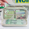 A large pencil case is shown open, displaying seven layers of fabric and a transparent flip pocket, with a ruler used for mea